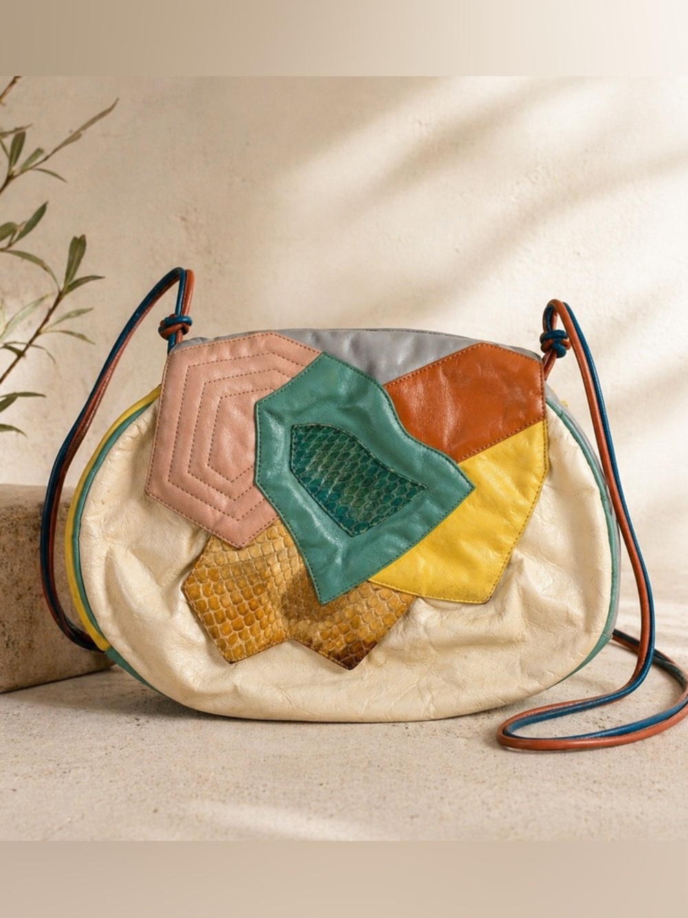 VINTAGE SHARIF Color Block LIZARD CROC LEATHER PATCHWORK CROSSBODY SHOULDER BAG